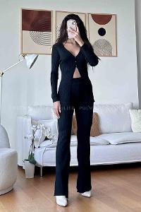 Black Scoop Neck Long Arm Buttoned Knitwear Flared Trousers Comfortable Suit