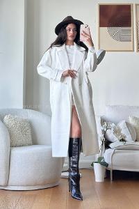 White V Neck Long Arm Poplin Fabric Coat