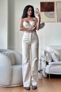 Cream Denim High Waist Denim Pants