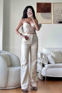 Cream Denim High Waist Denim Pants