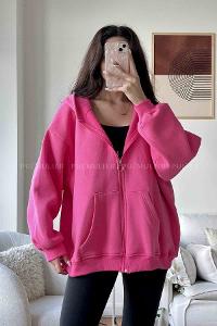 Pink Zippered Neck Long Arm Unprinted Sweatshirt
