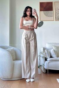 Cream Cotton High Waist Comfortable Pants