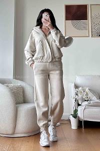 Cream Zippered Neck Long Arm With Zipper Cotton Elastic Trousers Comfortable Suit