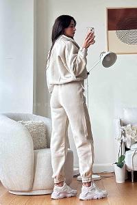 Cream Zippered Neck Long Arm With Zipper Cotton Elastic Trousers Comfortable Suit
