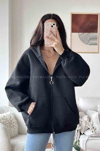 Black Zippered Neck Long Arm Unprinted Sweatshirt