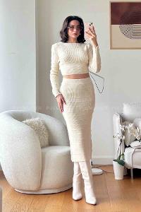 Cream Scoop Neck Long Arm Without Accessories Knitwear Regular Trousers Comfortable Suit