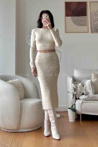 Cream Scoop Neck Long Arm Without Accessories Knitwear Regular Trousers Comfortable Suit