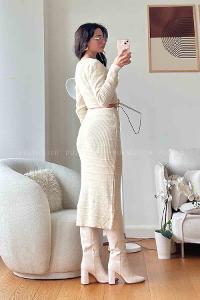 Cream Scoop Neck Long Arm Without Accessories Knitwear Regular Trousers Comfortable Suit