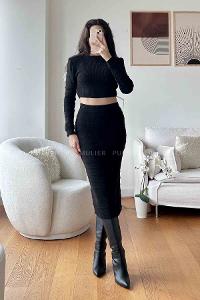 Black Scoop Neck Long Arm Without Accessories Knitwear Regular Trousers Comfortable Suit