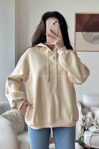 Kapşonlu Oversize Yan Cepli Sweat Krem