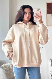 Kapşonlu Oversize Yan Cepli Sweat Krem