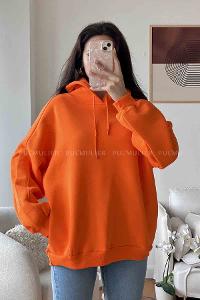 Orange Hood Neck Reglan Sleeveless Arm Unprinted Sweatshirt
