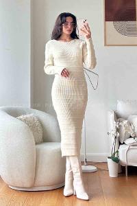 Cream Scoop Neck Knitwear Unprinted Dresess