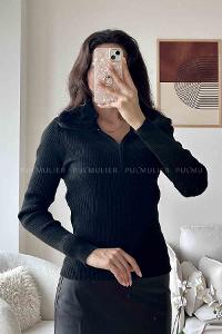 Black Shirt Collar Long Arm Jumper