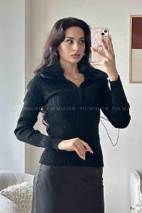 Black Shirt Collar Long Arm Jumper