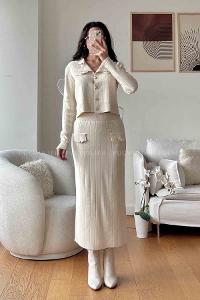 Cream Scoop Neck Long Arm Without Accessories Cotton Fabric Regular Trousers Comfortable Suit