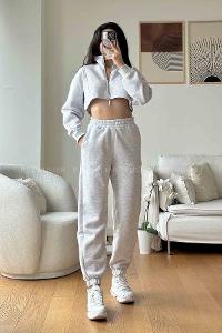 Gray Scoop Neck Long Arm Without Accessories Cotton Fabric Regular Trousers Comfortable Suit