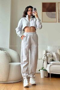 Gray Scoop Neck Long Arm Without Accessories Cotton Fabric Regular Trousers Comfortable Suit