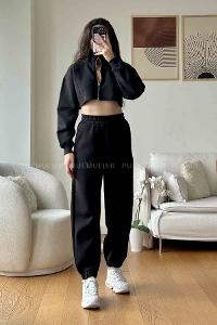 Black Scoop Neck Long Arm Without Accessories Cotton Fabric Regular Trousers Comfortable Suit