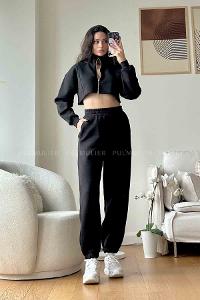 Black Scoop Neck Long Arm Without Accessories Cotton Fabric Regular Trousers Comfortable Suit