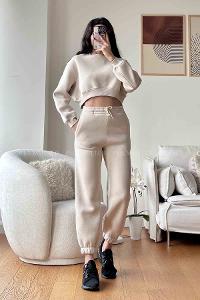 Beige Scoop Neck Long Arm Without Accessories Cotton Fabric Regular Trousers Comfortable Suit