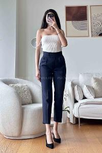 Navy Blue Linen Cotton Fabric High Waist Carrot Pant Pants