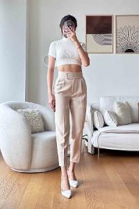 Cream Linen Cotton Fabric High Waist Carrot Pant Pants