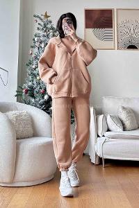 Brown With Milk Zippered Neck Long Arm With Zipper Cotton Elastic Trousers Comfortable Suit