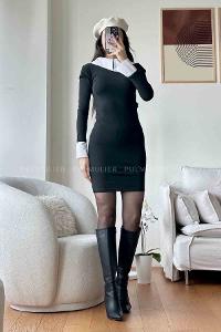 Black Scope Neck Knitwear Unprinted Dresess