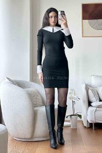 Black Scope Neck Knitwear Unprinted Dresess