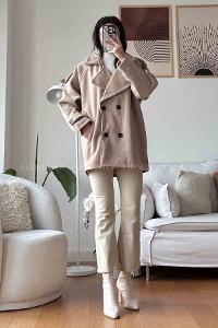 Brown V Neck Long Arm Stamp Fabric Coat