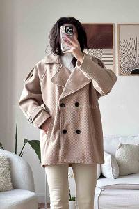 Brown V Neck Long Arm Stamp Fabric Coat