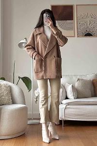 Brown With Milk V Neck Long Arm Stamp Fabric Coat