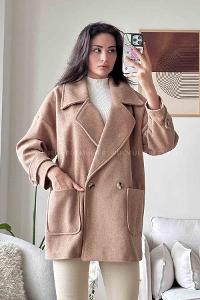 Brown With Milk V Neck Long Arm Stamp Fabric Coat