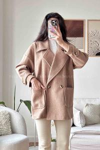Brown With Milk V Neck Long Arm Stamp Fabric Coat