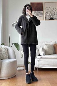 Black V Neck Long Arm Stamp Fabric Coat