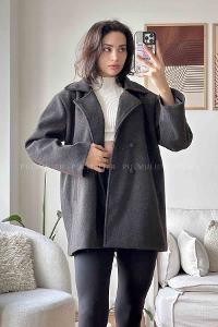 Black V Neck Long Arm Stamp Fabric Coat