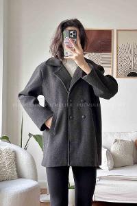 Black V Neck Long Arm Stamp Fabric Coat