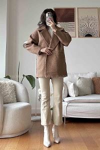 Brown V Neck Long Arm Poplin Fabric Elastan Coat