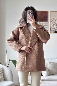 Brown V Neck Long Arm Poplin Fabric Elastan Coat