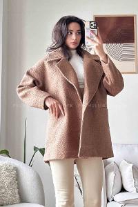 Brown V Neck Long Arm Poplin Fabric Elastan Coat