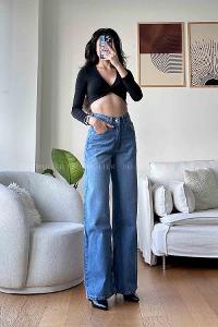 Blue Cotton High Waist Denim Pants