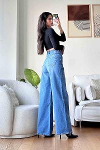 Blue Cotton High Waist Denim Pants