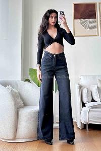 Smoked Cotton High Waist Denim Pants