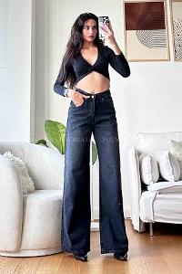 Smoked Cotton High Waist Denim Pants