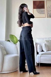 Smoked Cotton High Waist Denim Pants