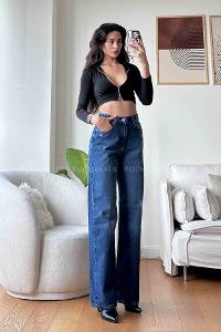 Denim Blue Cotton High Waist Denim Pants