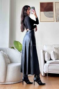 Black Faux Leather Unprinted Skirt