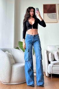 Blue Cotton High Waist Denim Pants