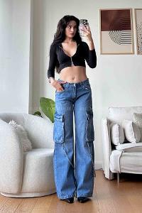 Blue Cotton High Waist Denim Pants